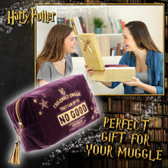 Harry Potter velvet makeup bag wide zip for easy access to cosmetics on the go.
