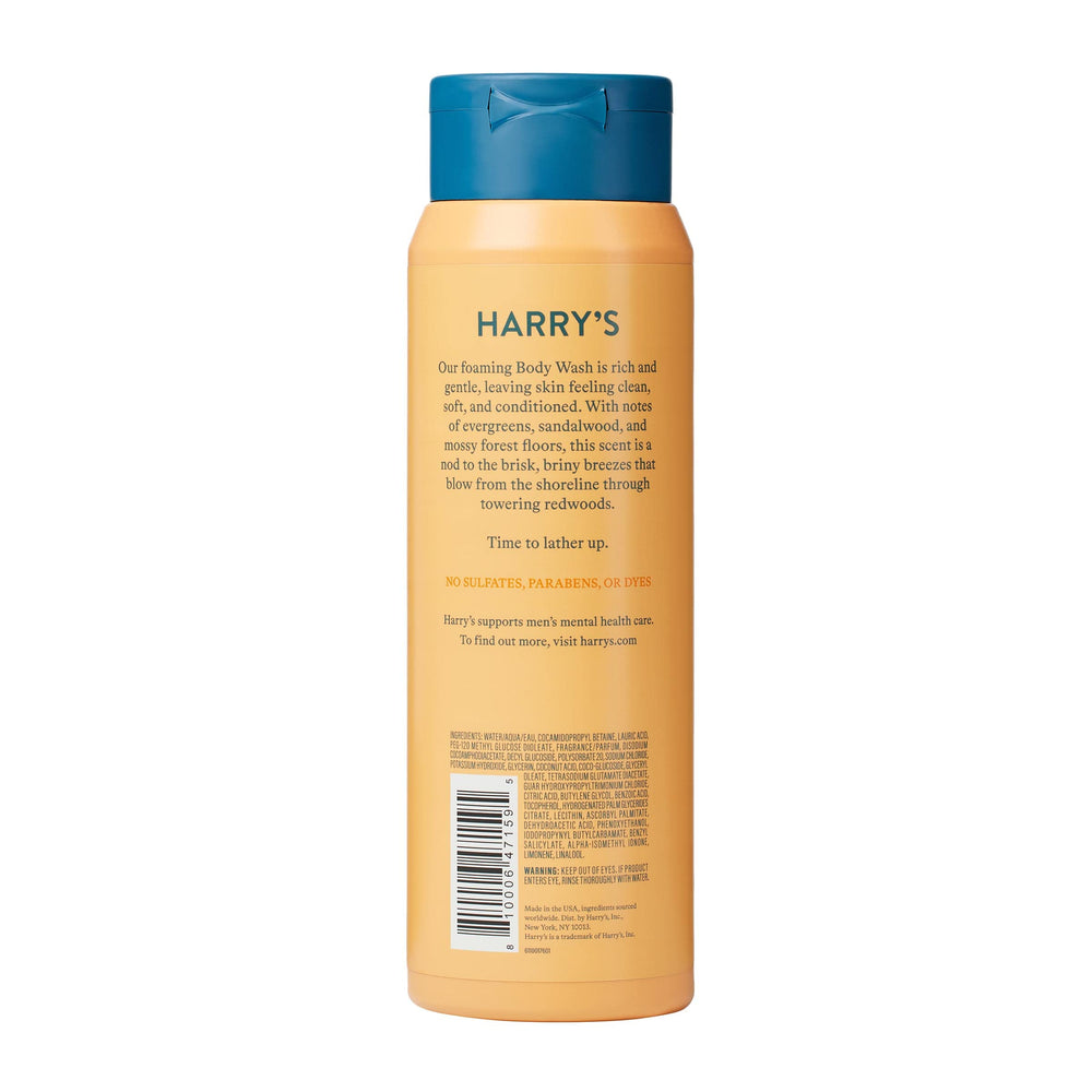 Harry's Redwood body wash lather close-up showing creamy foam for refreshing cleanse.