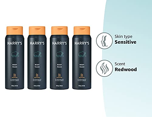 Harry's Redwood body wash in a shower scene implying quick refreshment after workouts.