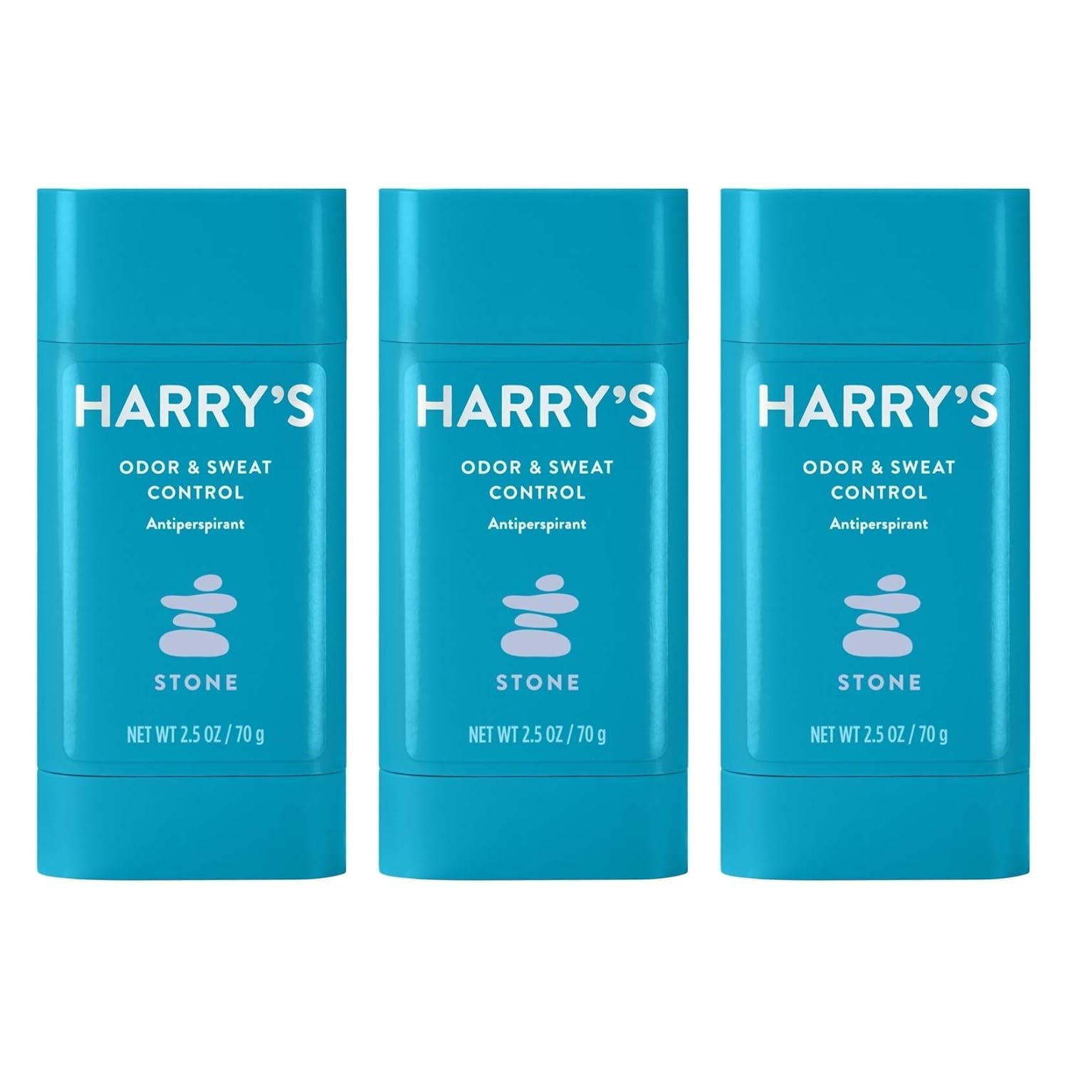 Harry's Stone 3-pack deodorant on bathroom shelf for daily freshness.