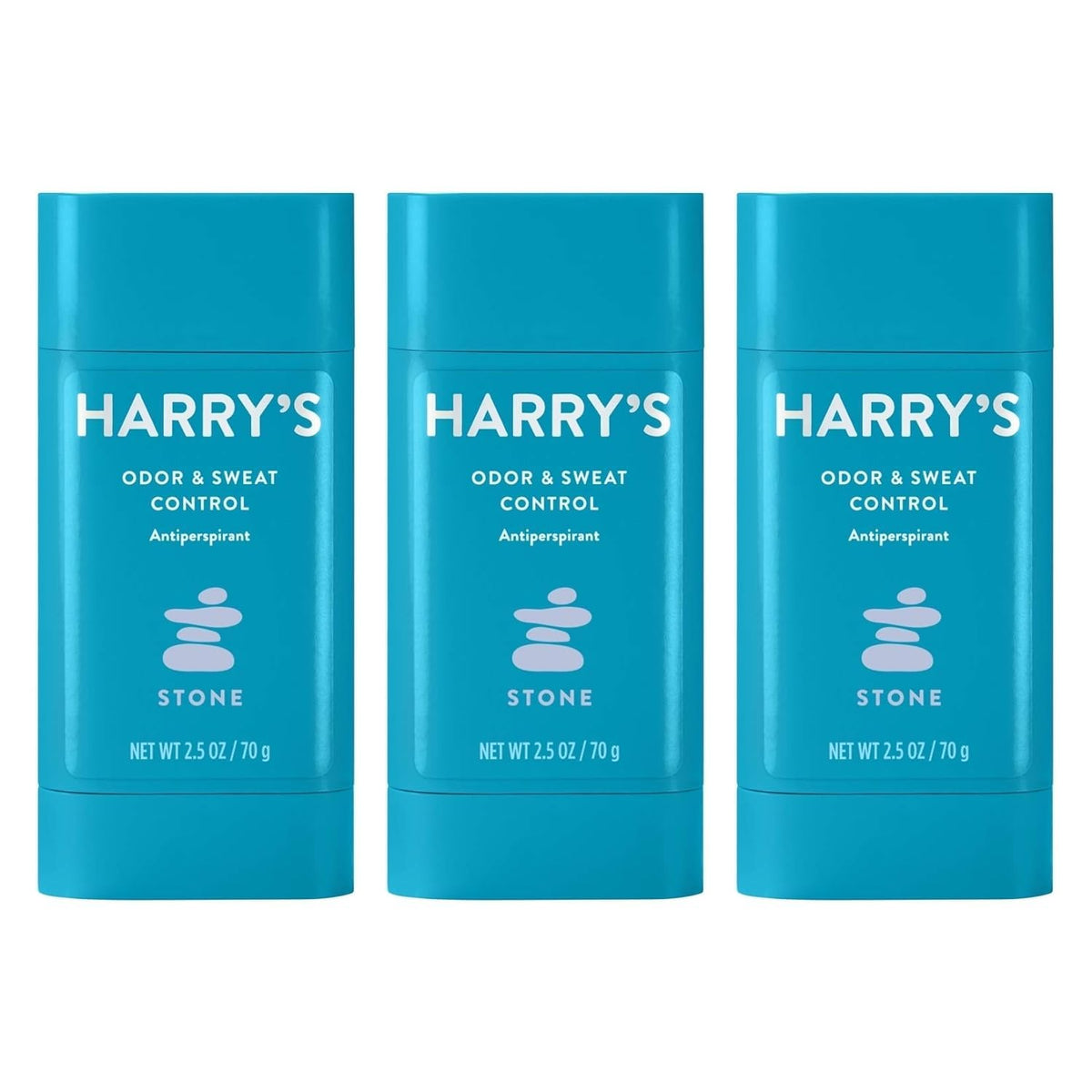 Harry's Stone 3-pack deodorant on bathroom shelf for daily freshness.