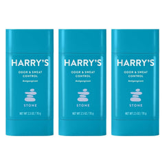 Harry's Stone 3-pack deodorant on bathroom shelf for daily freshness.