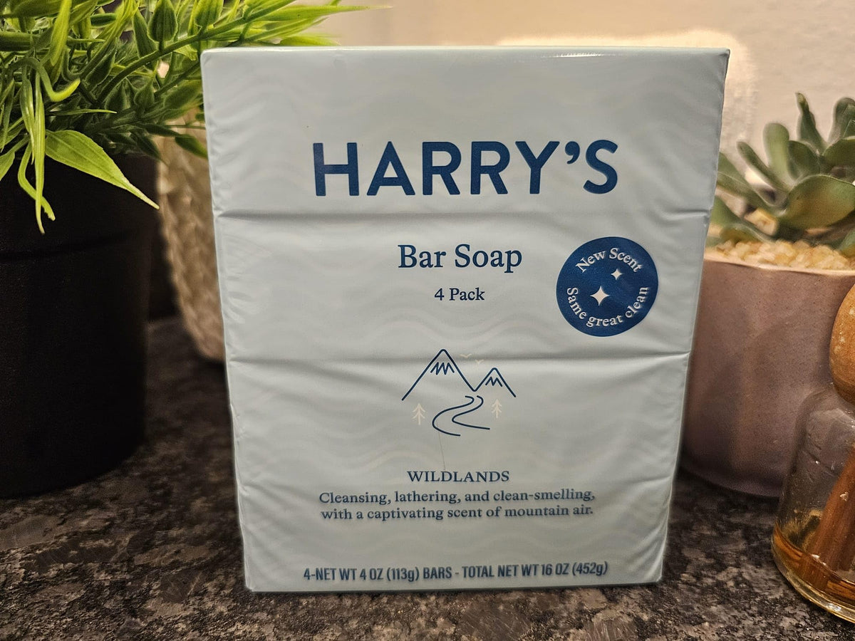 Harry's Wildlands bar soap four-pack blue packaging ready for outdoor adventures.