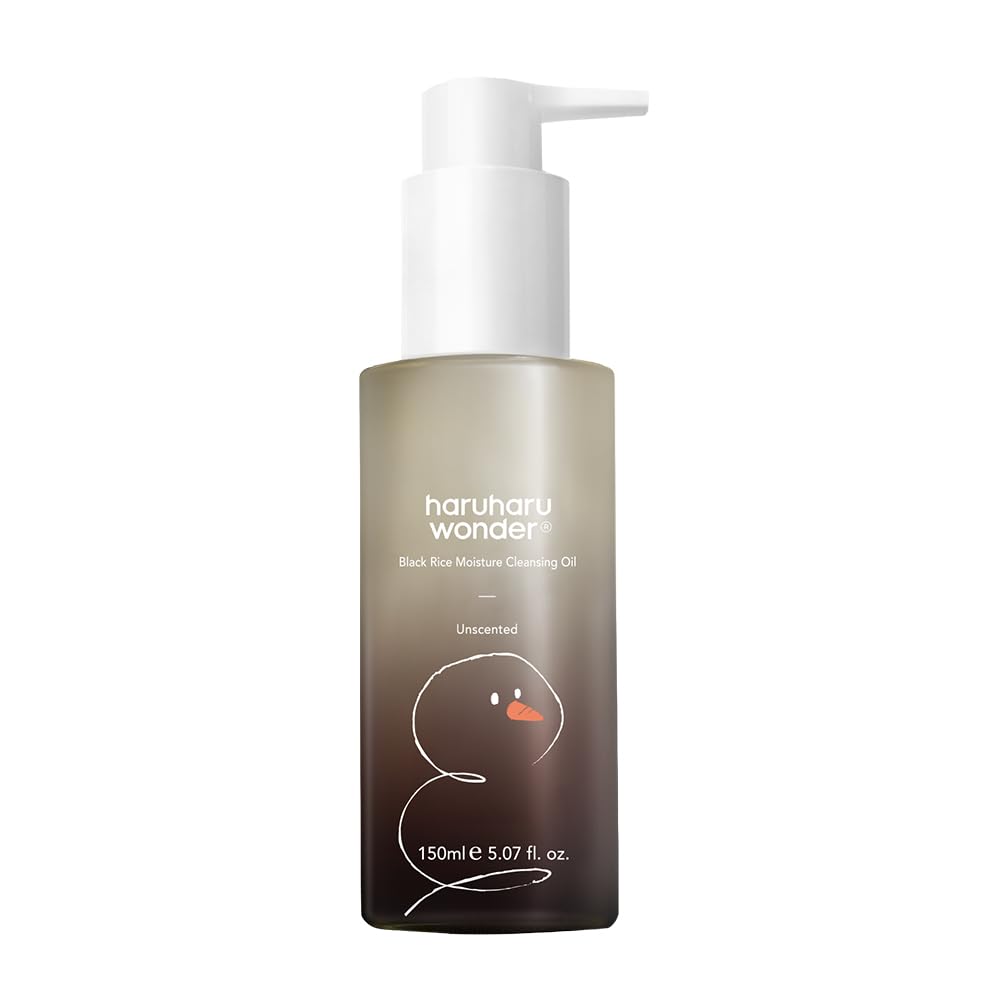 HARUHARU Wonder Black Rice Cleansing Oil in a snowman bottle removes makeup gently.