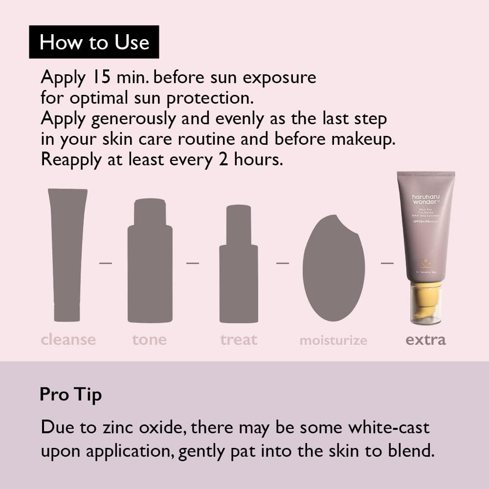 HARUHARU Wonder sunscreen ingredients highlight rice bran oil and niacinamide.