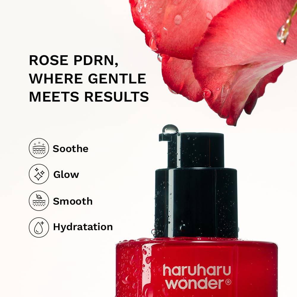 HARUHARU Wonder Rose PDRN serum dropper close-up highlights soothing nourishment for daily use