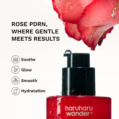 HARUHARU Wonder Rose PDRN serum dropper close-up highlights soothing nourishment for daily use