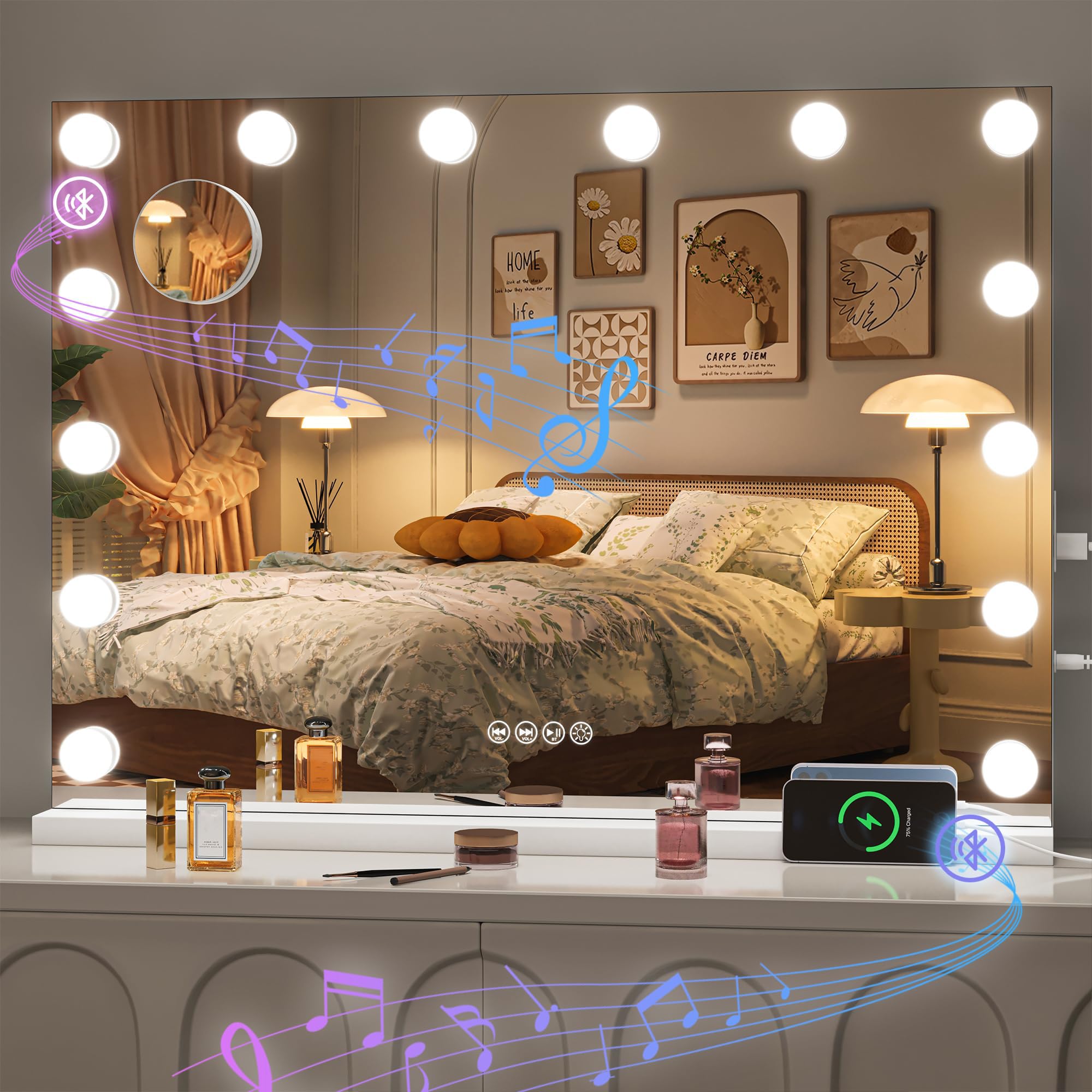 Hasipu Hollywood vanity mirror with lights showing adjustable, removable bulbs for personalized brightness.