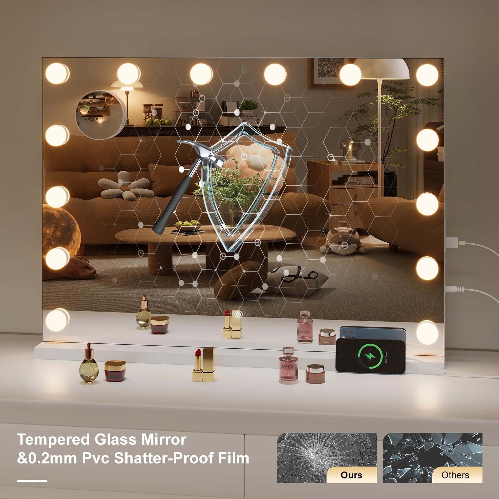 Hasipu vanity mirror includes USB-C port for device charging.