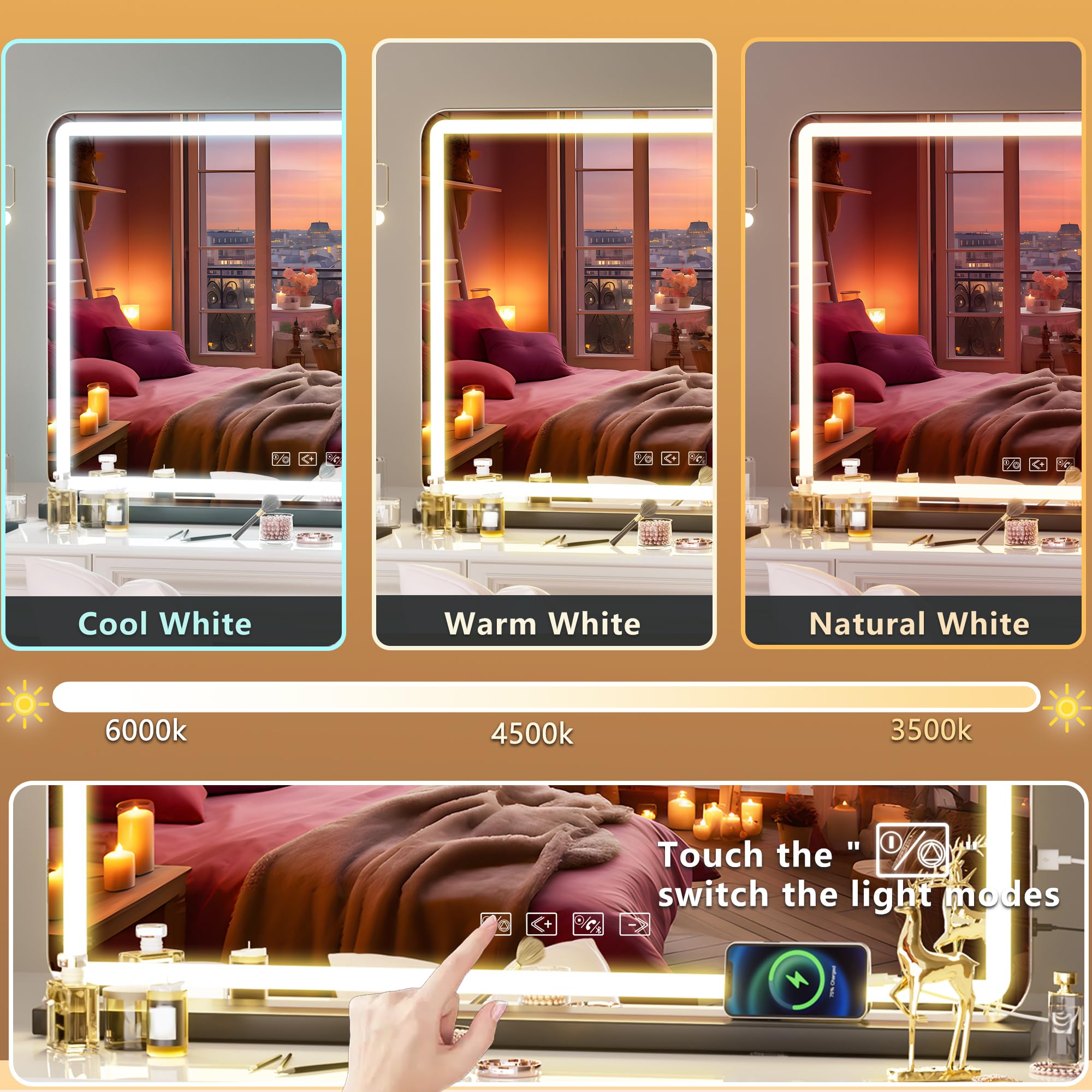 Hasipu vanity mirror offers three color lighting modes for versatile tasks.