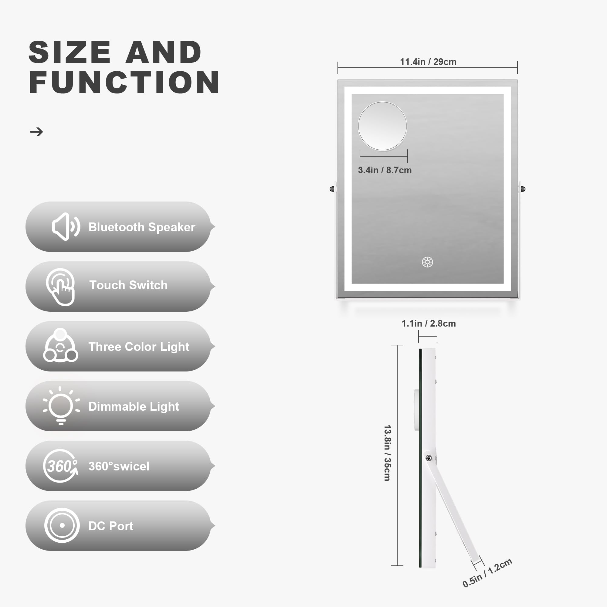 Hasipu vanity mirror with 360-degree rotation for flexible angles