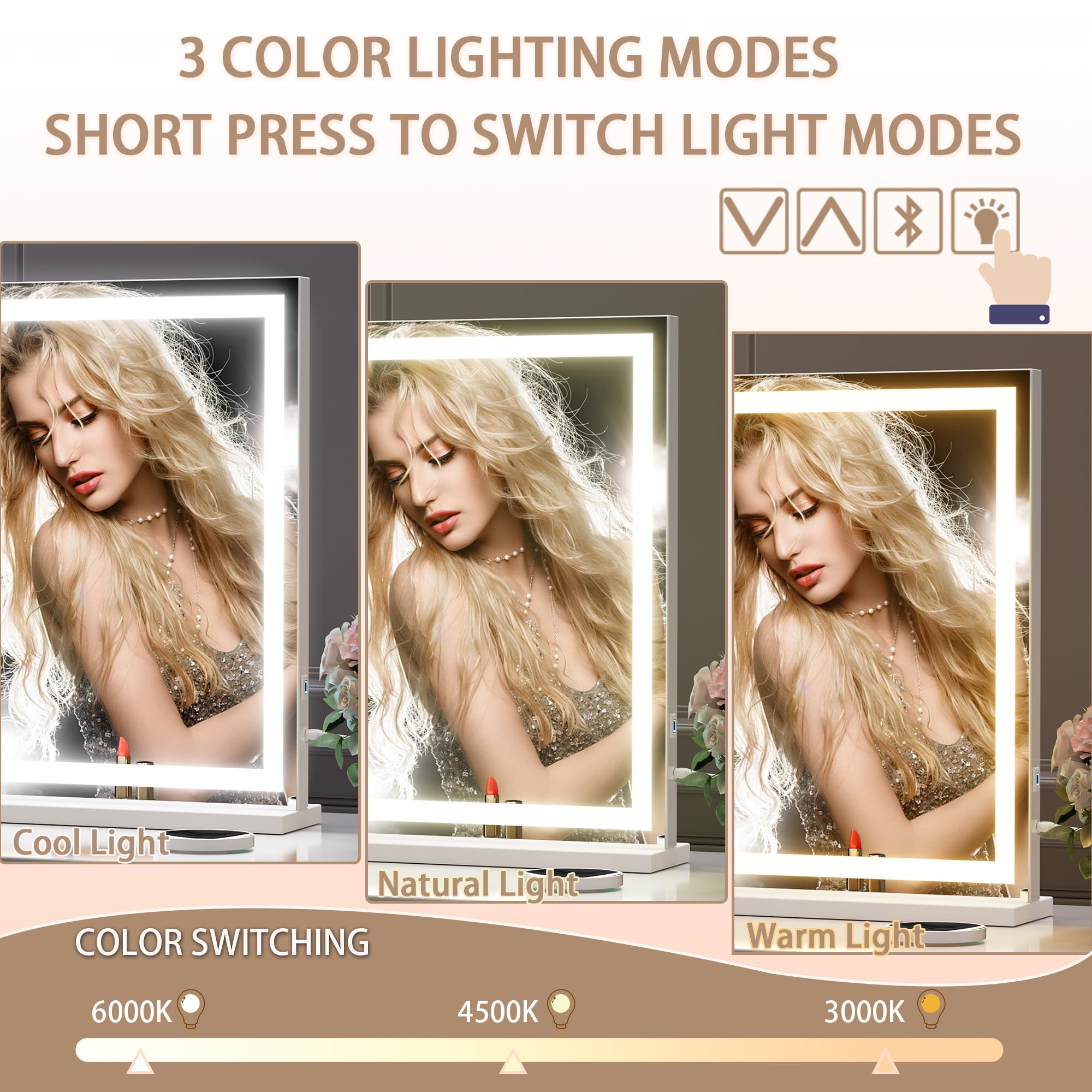 Hasipu vanity mirror smart touch controls for easy brightness and color changes