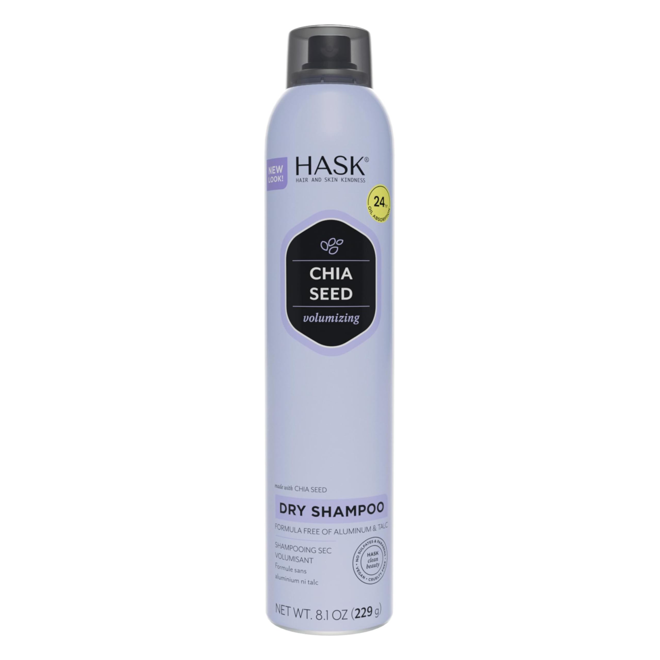 HASK chia seed dry shampoo bottle front view showing oil-absorbing formula.