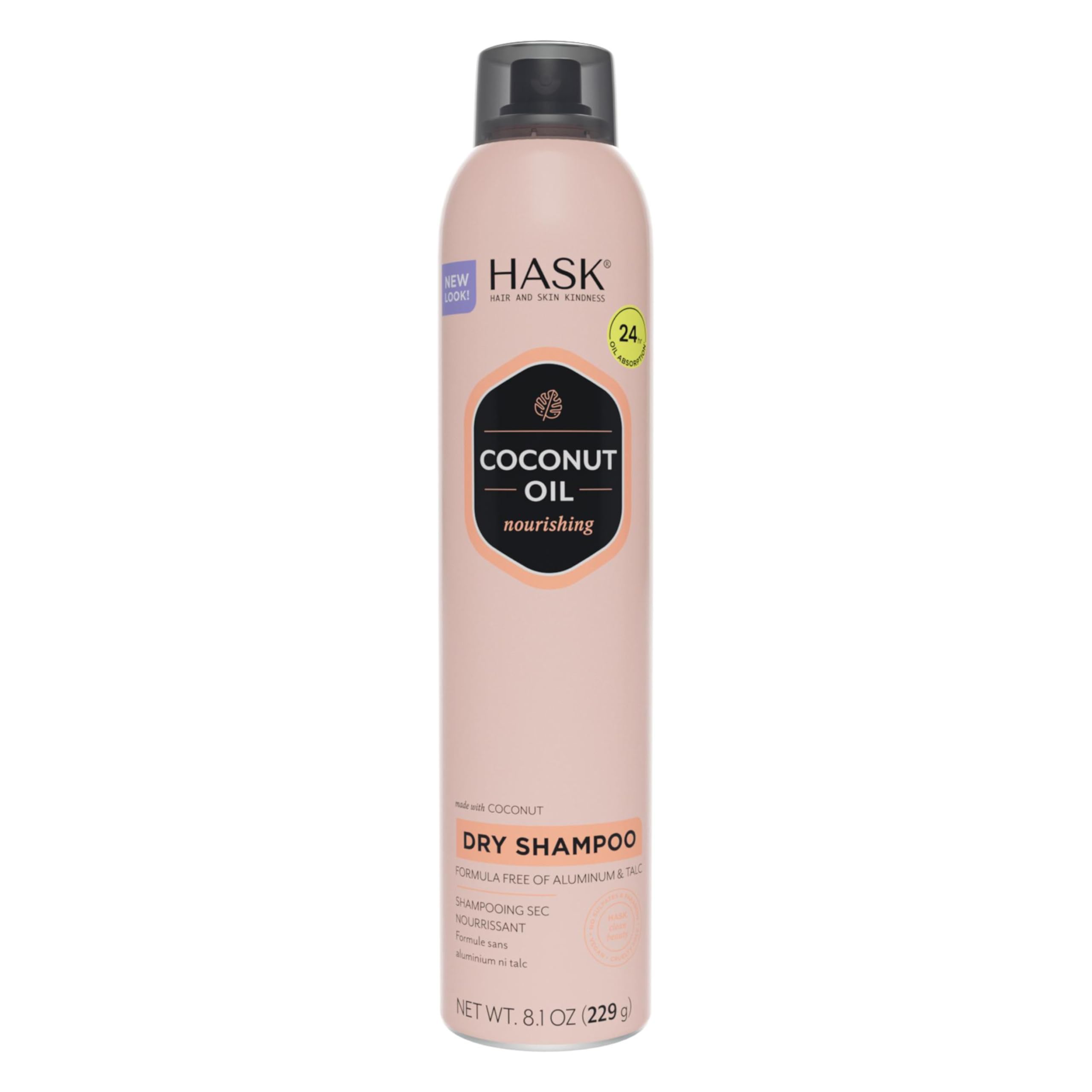 HASK coconut oil nourishing dry shampoo bottle highlights hydration and oil absorption.