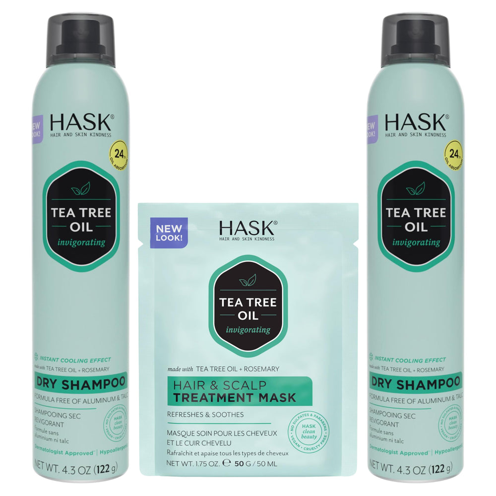 HASK dry shampoo duo tea tree bottle refreshes roots with volume.