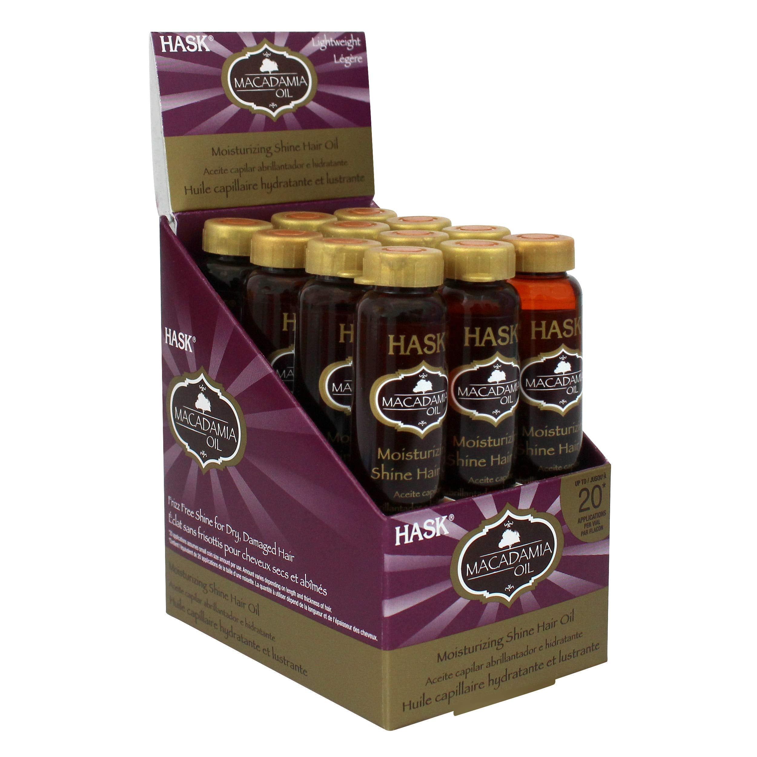 HASK Macadamia Oil Shine Treatment bottle being poured for instant hydration.