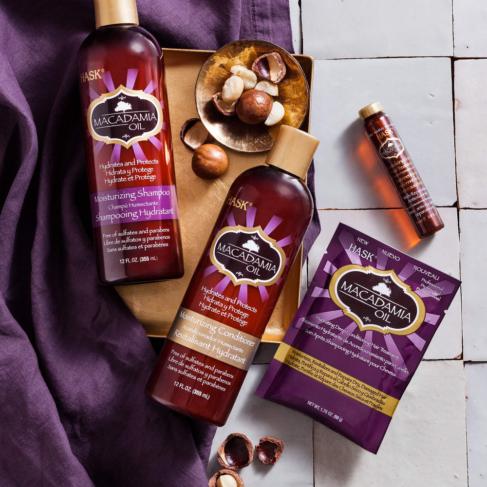 Silky ends achieved with HASK Macadamia Oil Shine Treatment.