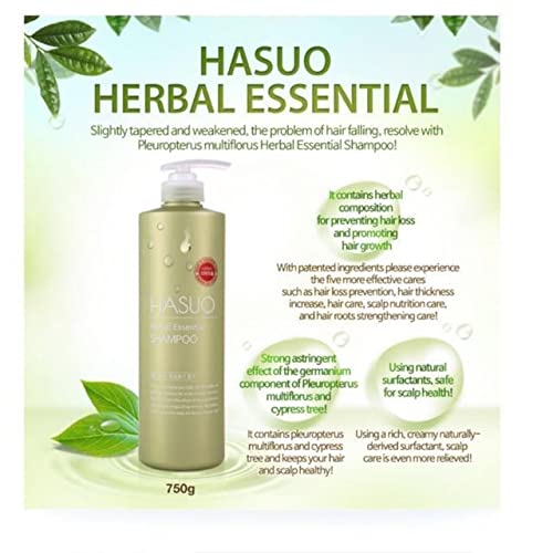 Pouring Hasuo Herbal Essential Shampoo for an even wash.
