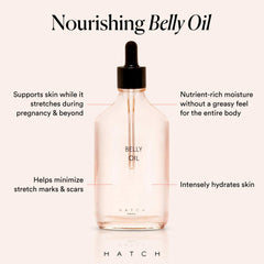 HATCH Belly Oil applied to the belly for soothing hydration during pregnancy.