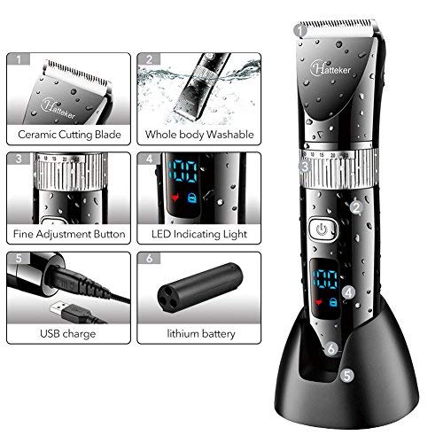 Hatteker Cordless Hair Trimmer Pro LCD display shows battery status at a glance.