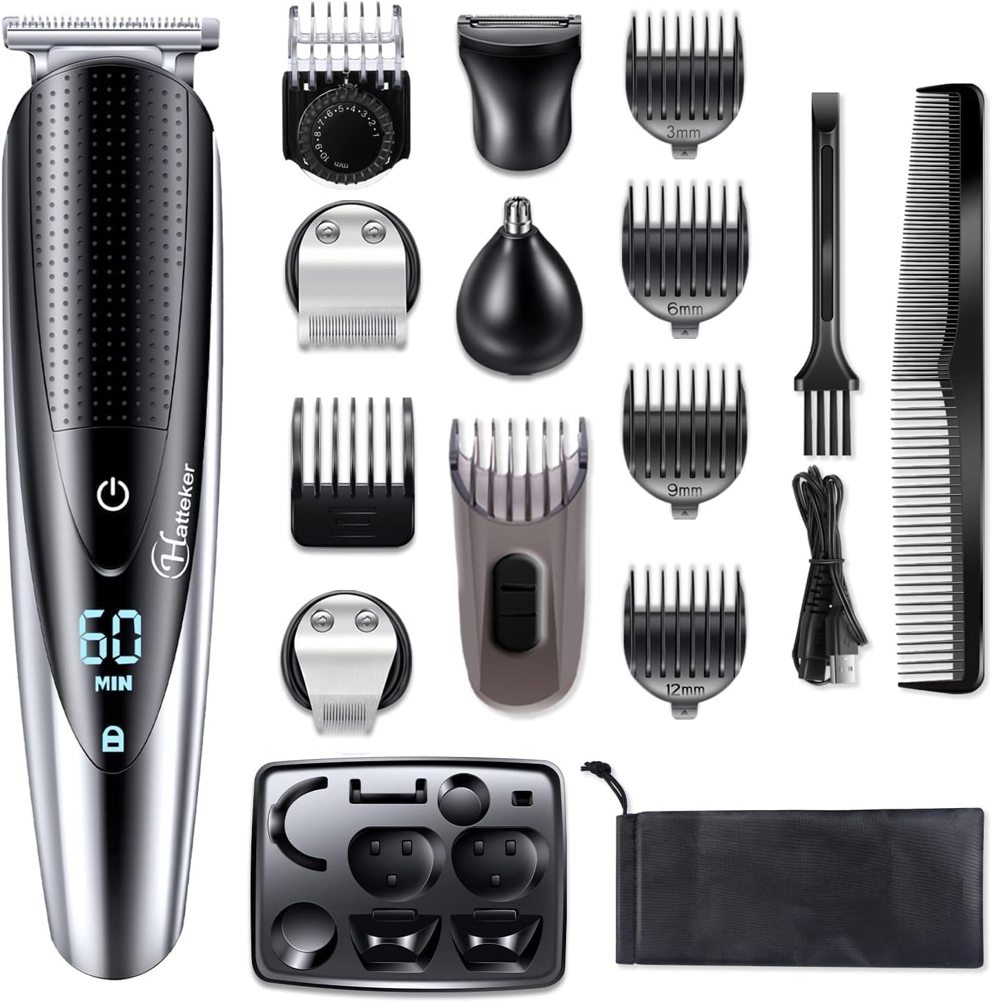 Hatteker men's beard trimmer with multiple attachments for precise facial grooming at home.
