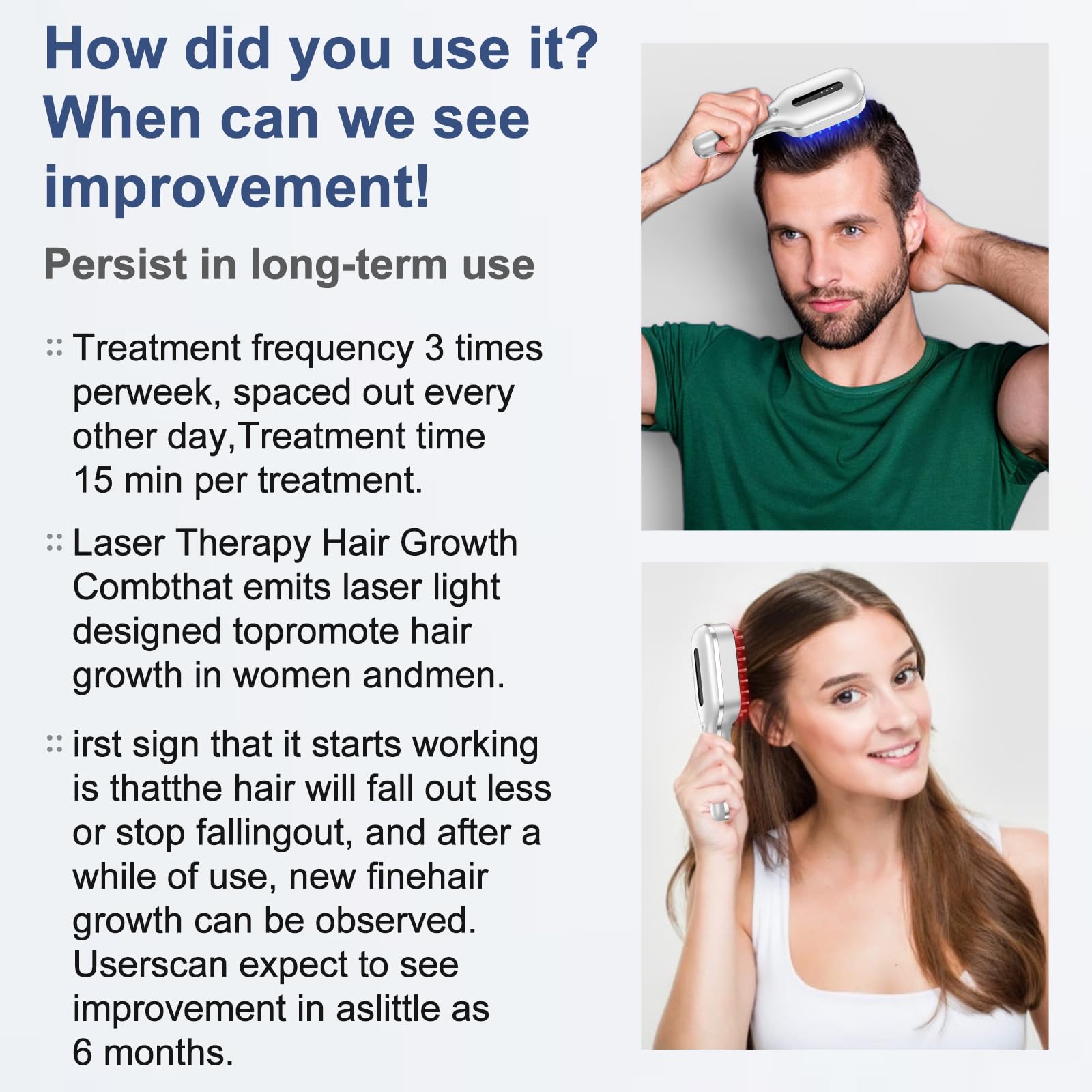 HAUBAT Laser Therapy Hair Growth Comb top view; slim, portable design ideal for travel.