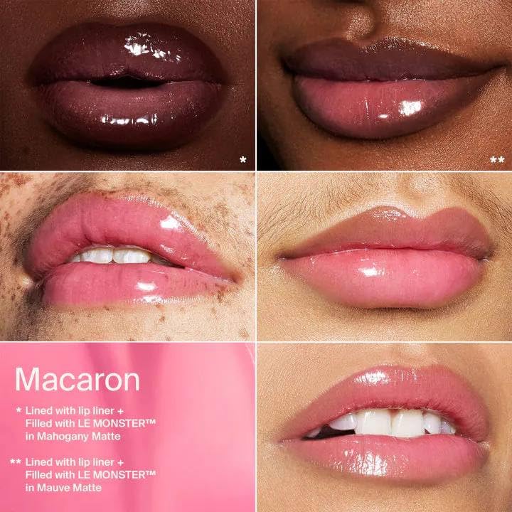 HAUS LABS lip glaze Macaron lip swatch showing buildable shine