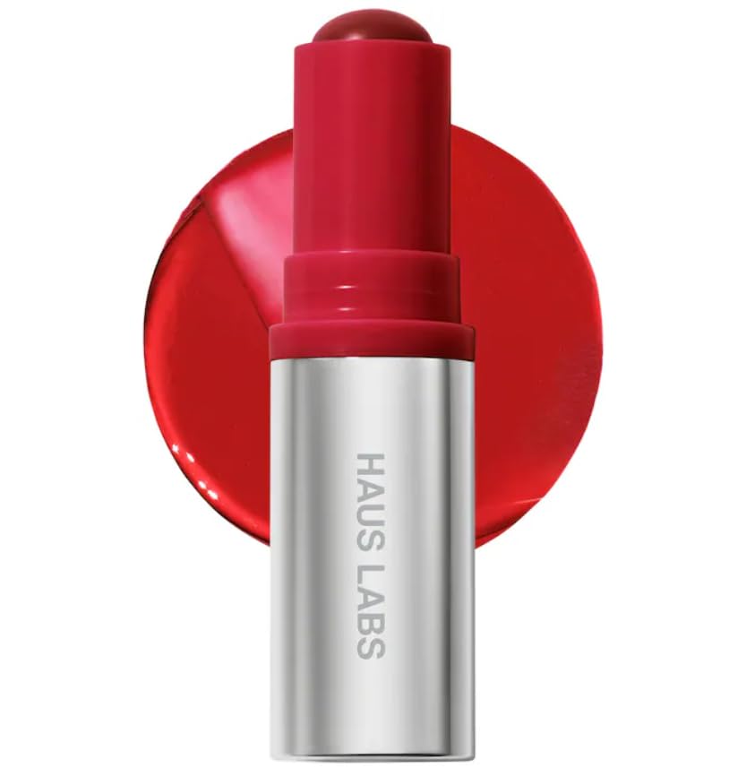 HAUS LABS Color Fuse Lip and Cheek Blush Balm Stick in GlassyWatermelon swatch for a natural, buildable glow.