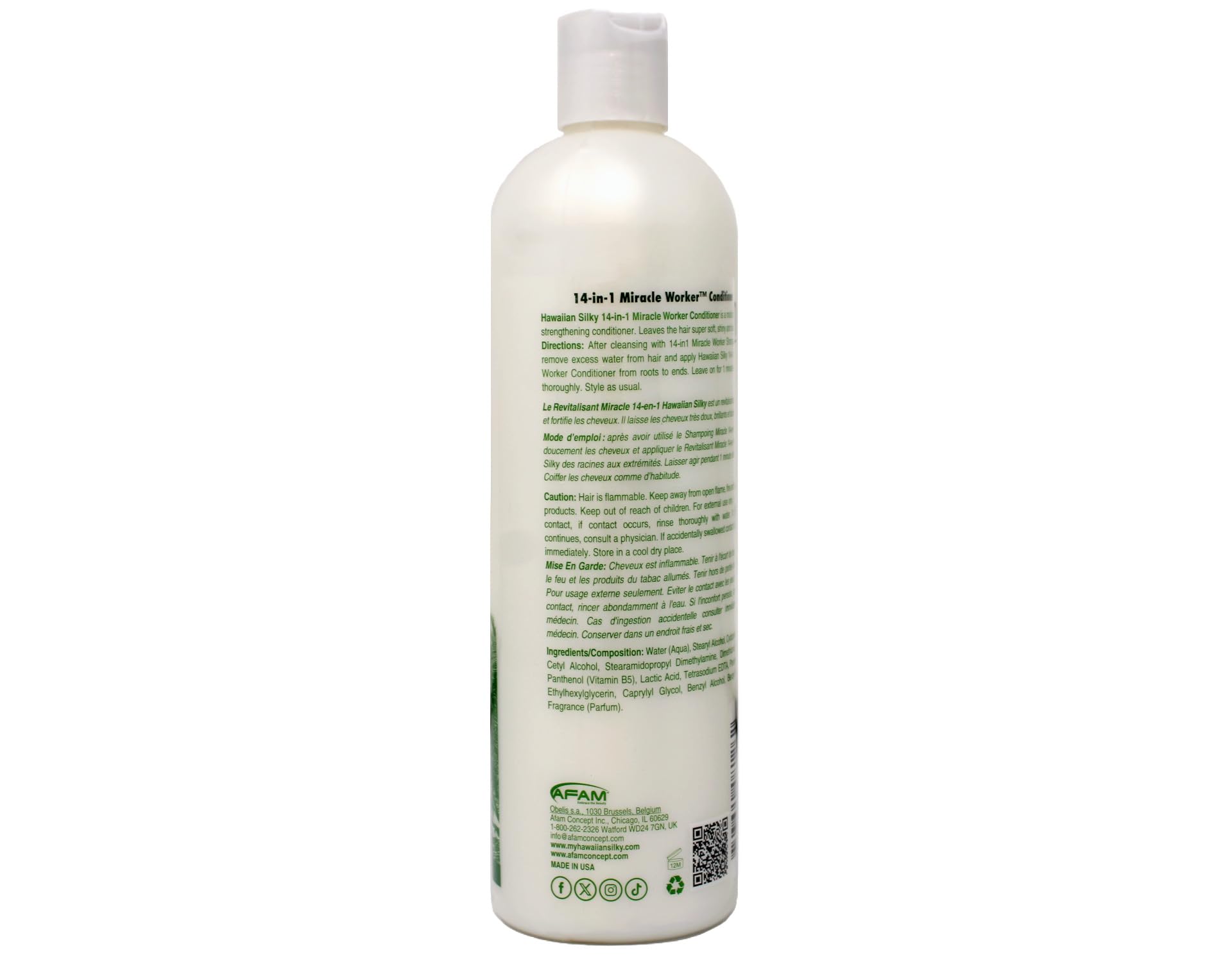 Hawaiian Silky Miracle Worker conditioner bottle with aloe imagery highlights hydrating formula.
