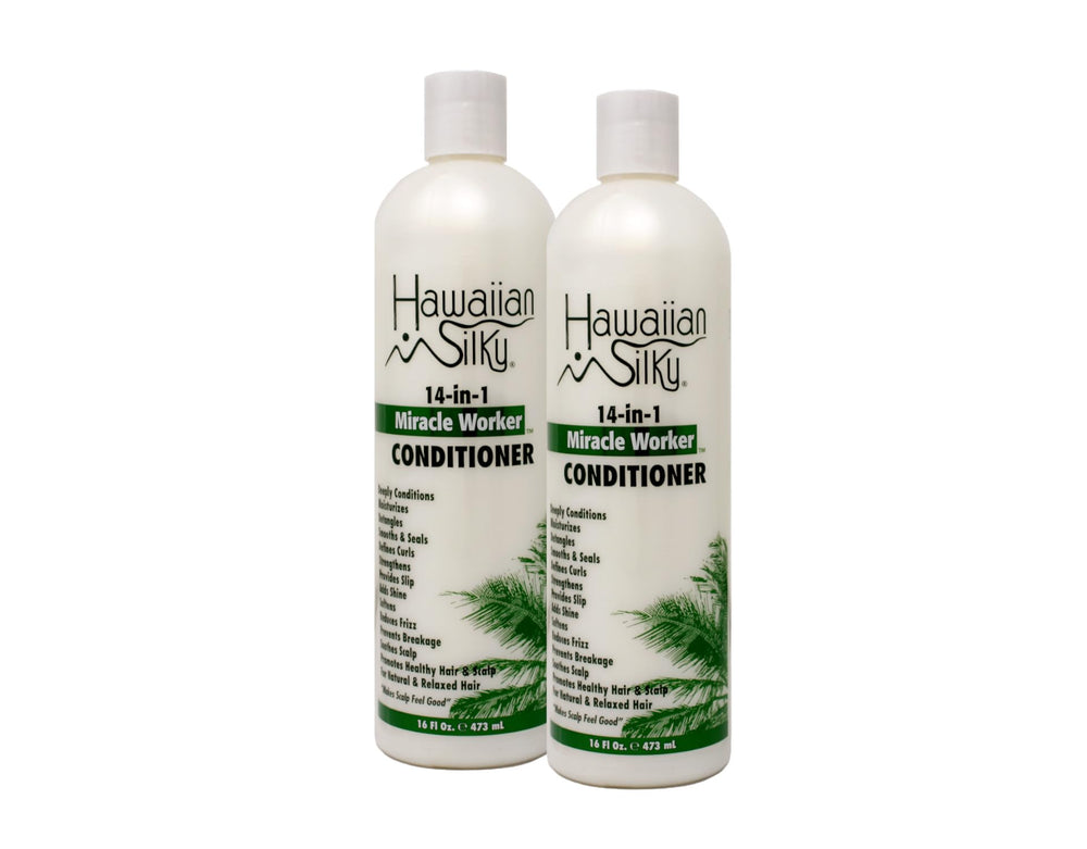 Hawaiian Silky Miracle Worker bottle shows easy pour for smooth, salon-like shine.
