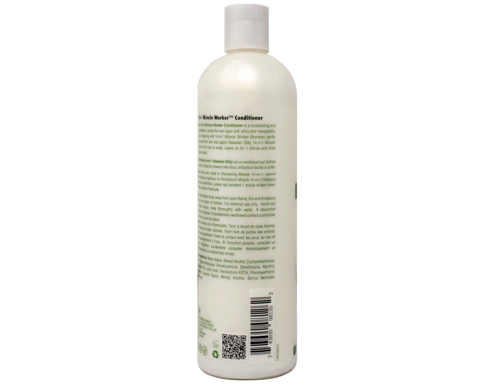 Hawaiian Silky Miracle Worker conditioner bottle in shower scene demonstrates multi-use capability.
