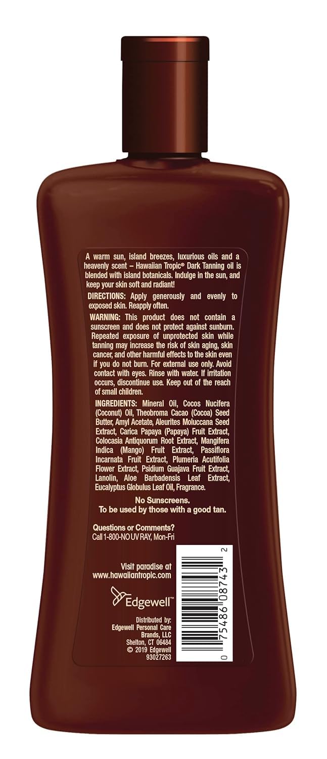 PETA-certified cruelty-free logo visible on Hawaiian Tropic Dark Tanning Oil.