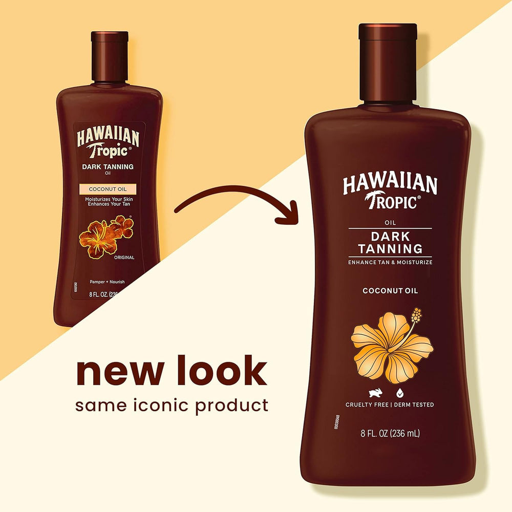 Reef-friendly label visible on Hawaiian Tropic Dark Tanning Oil packaging.
