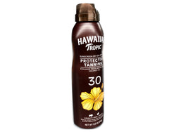 Hawaiian Tropic spray applied at an angle for quick, even coverage