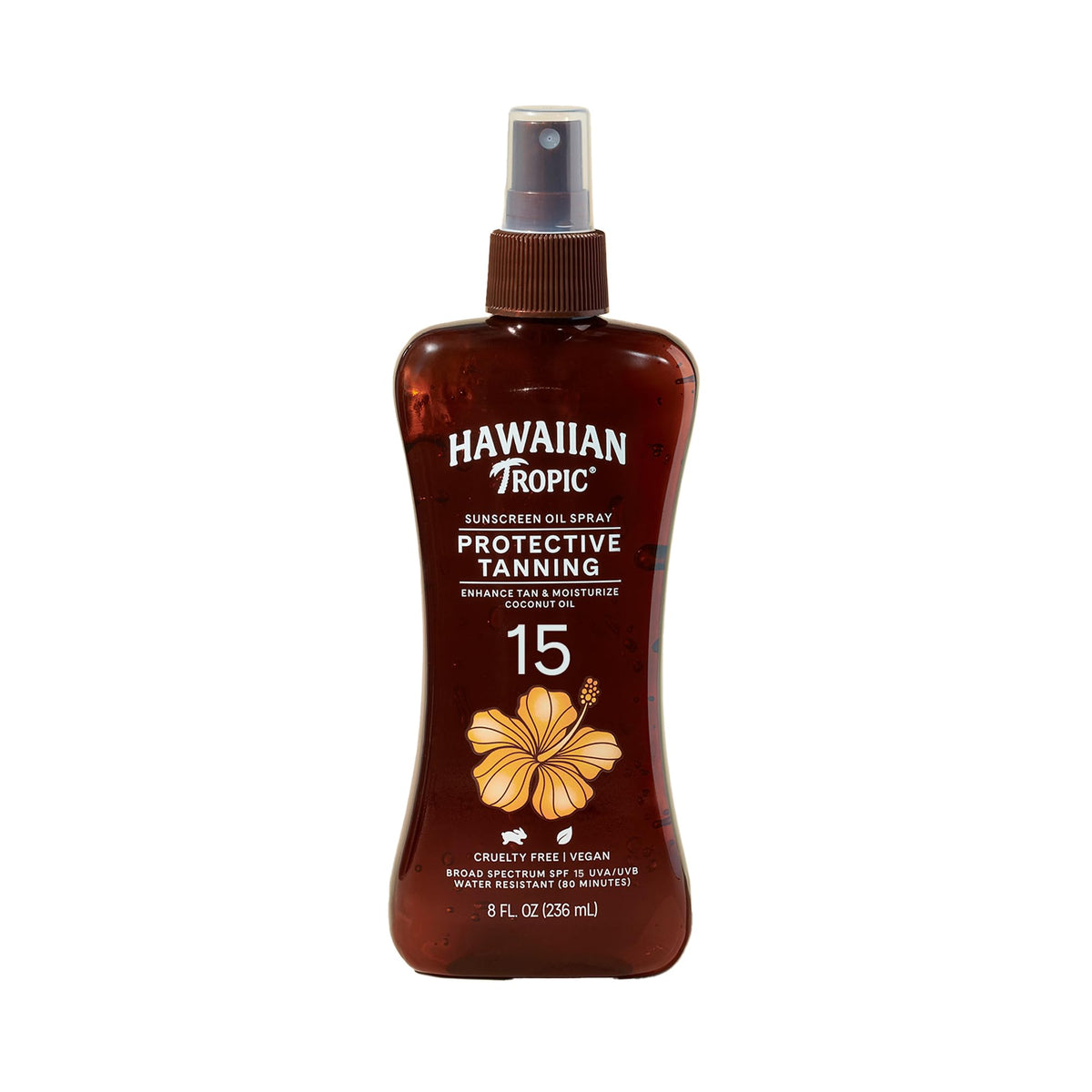 Hawaiian Tropic protective tanning oil spray bottle for even coverage and moisturized skin.