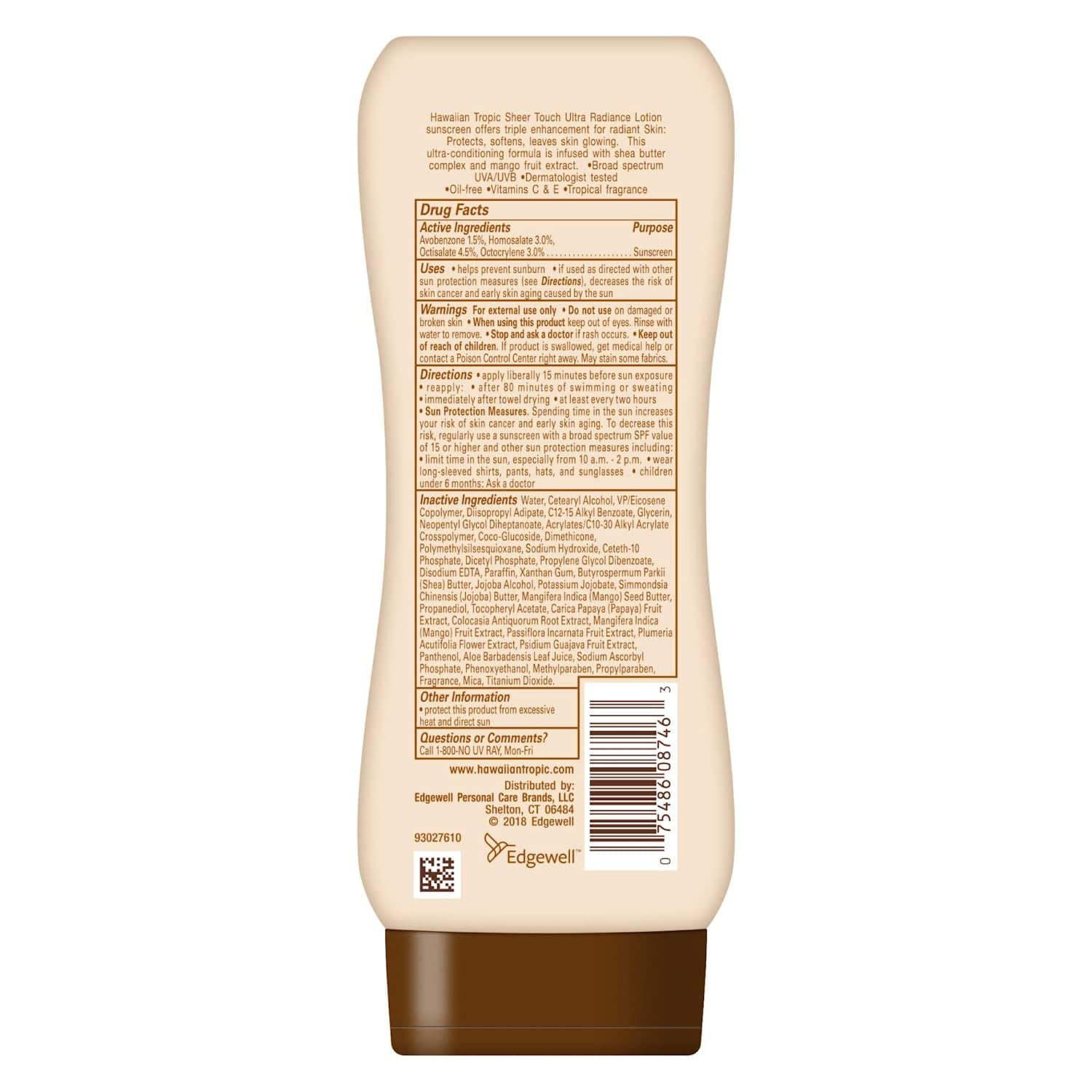 Hawaiian Tropic Sheer Touch SPF 15 lotion back view with product details