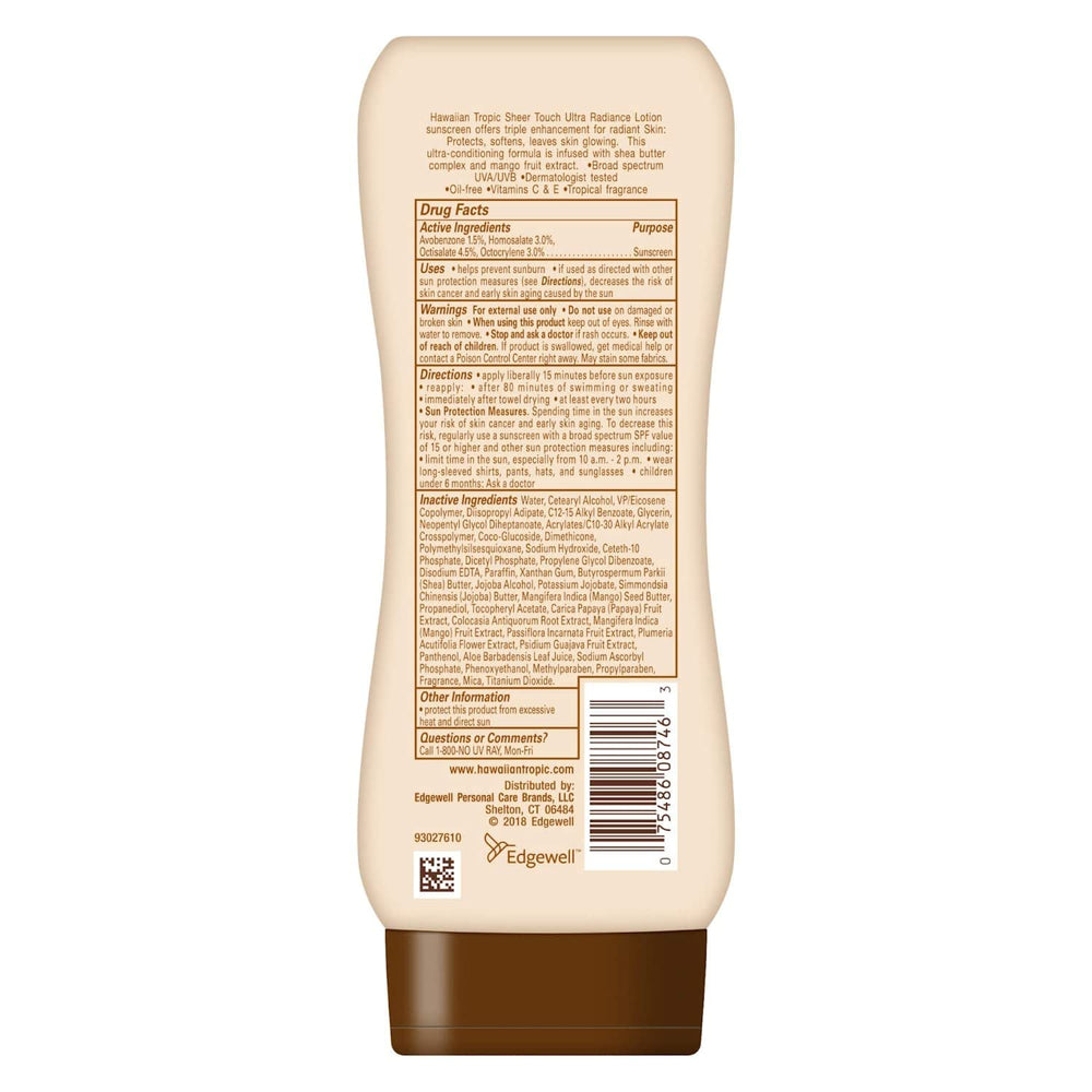 Hawaiian Tropic Sheer Touch SPF 15 lotion back view with product details