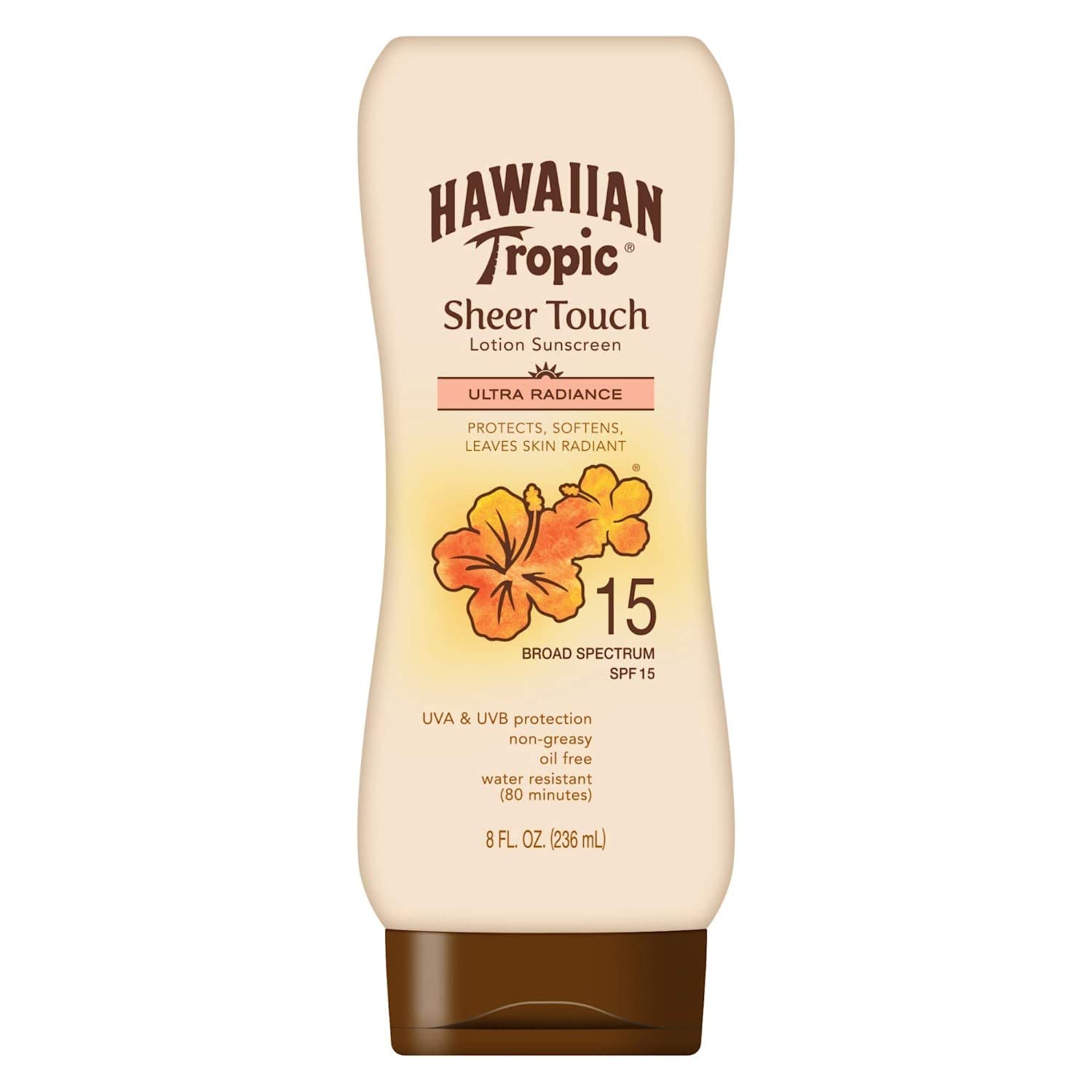 Hawaiian Tropic Sheer Touch SPF 15 lotion bottle front view shows daily protection and branding