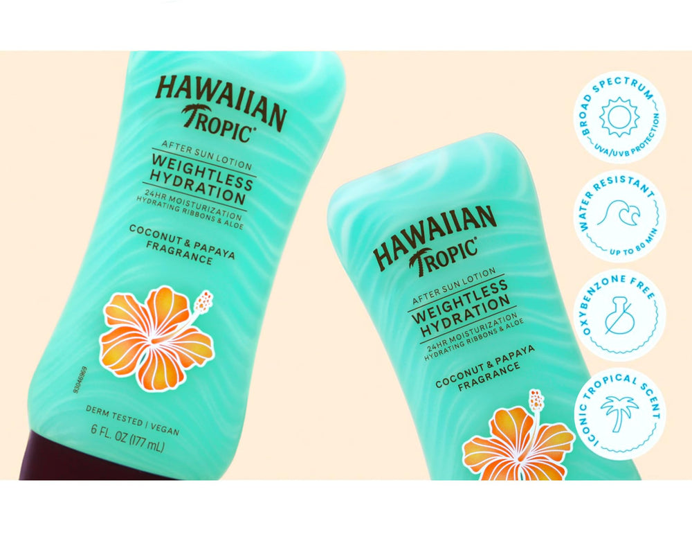 Hawaiian Tropic Silk Hydration after sun packaging highlights 6 oz size.
