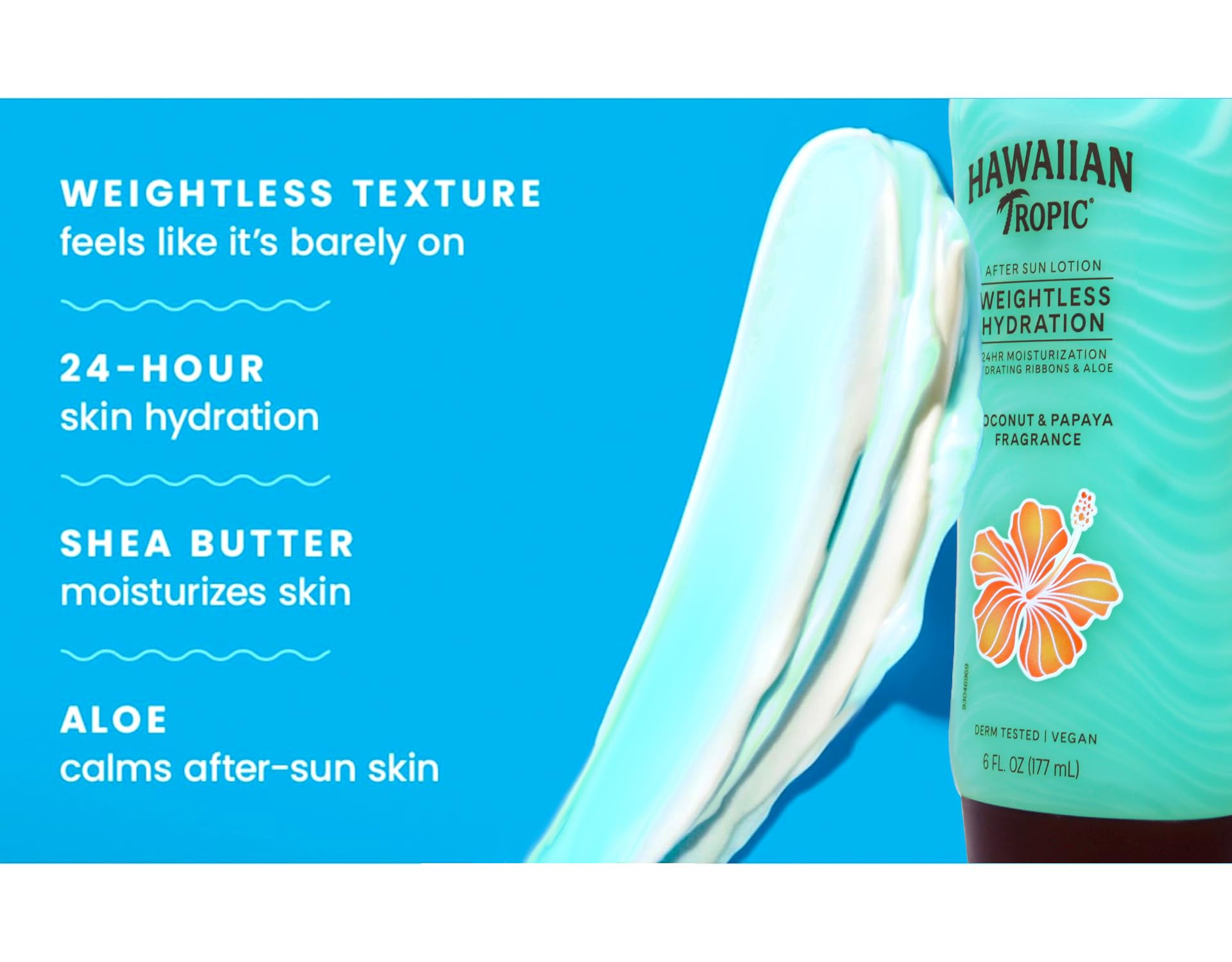 Hawaiian Tropic Silk Hydration after sun quick absorption shot on skin.