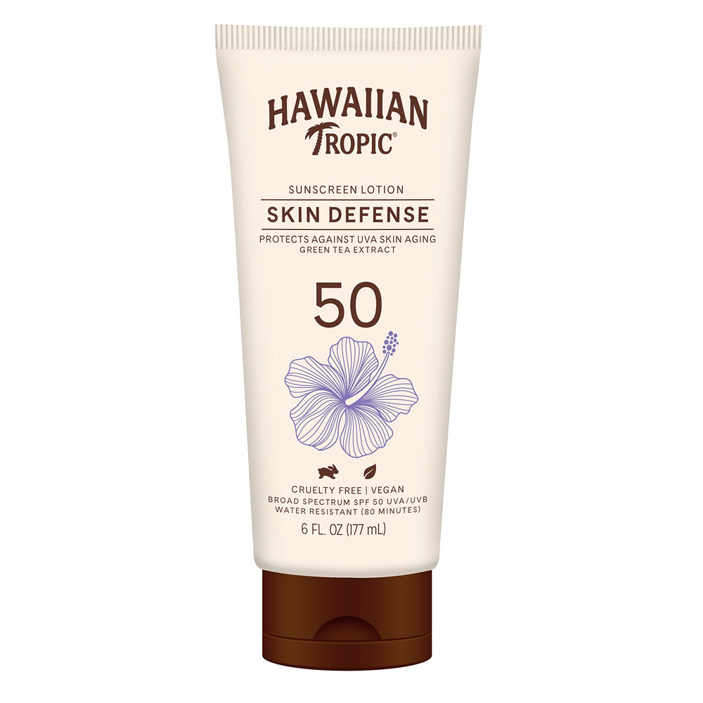 Hawaiian Tropic Skin Defense SPF 50 bottle front for everyday sun protection.