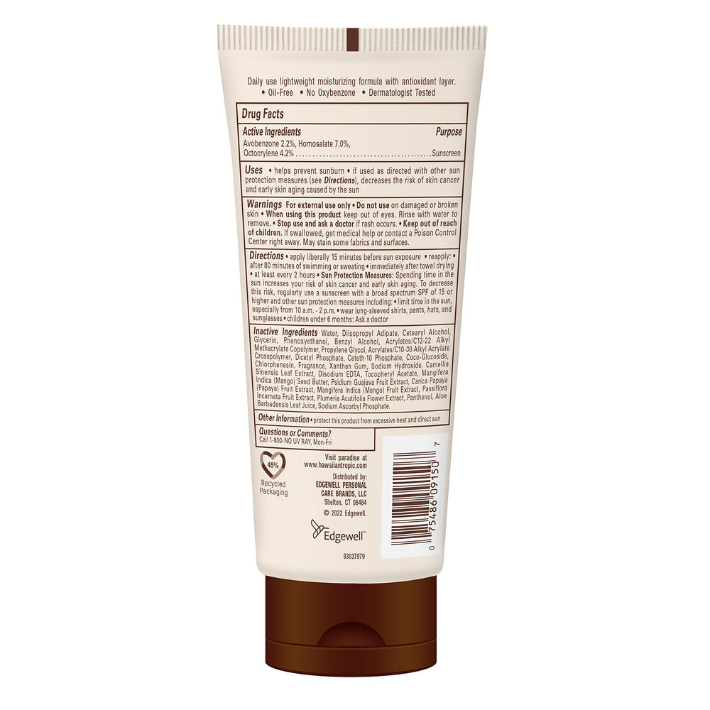 Hawaiian Tropic Skin Defense bottle back highlighting green tea extract and vegan formula.