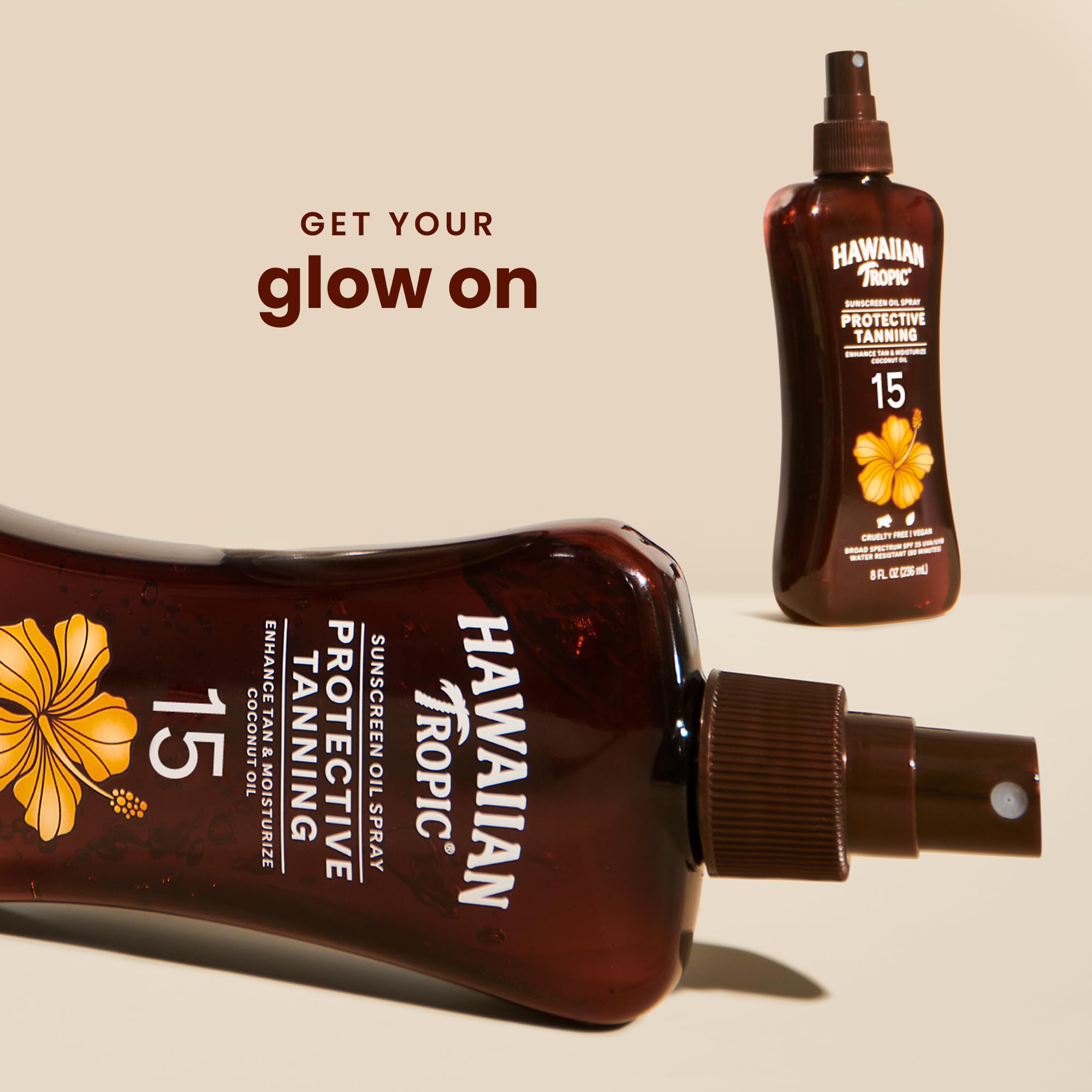 Hawaiian Tropic spray pump application demonstrated for quick, streak-free sunscreen.