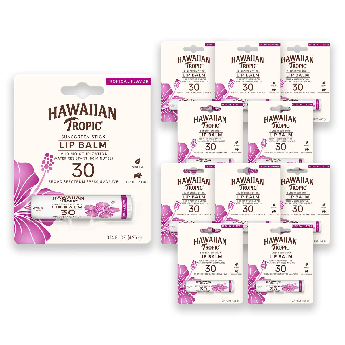 Hawaiian Tropic Tropical Lip Balm SPF 30 front view with hydration and sun protection