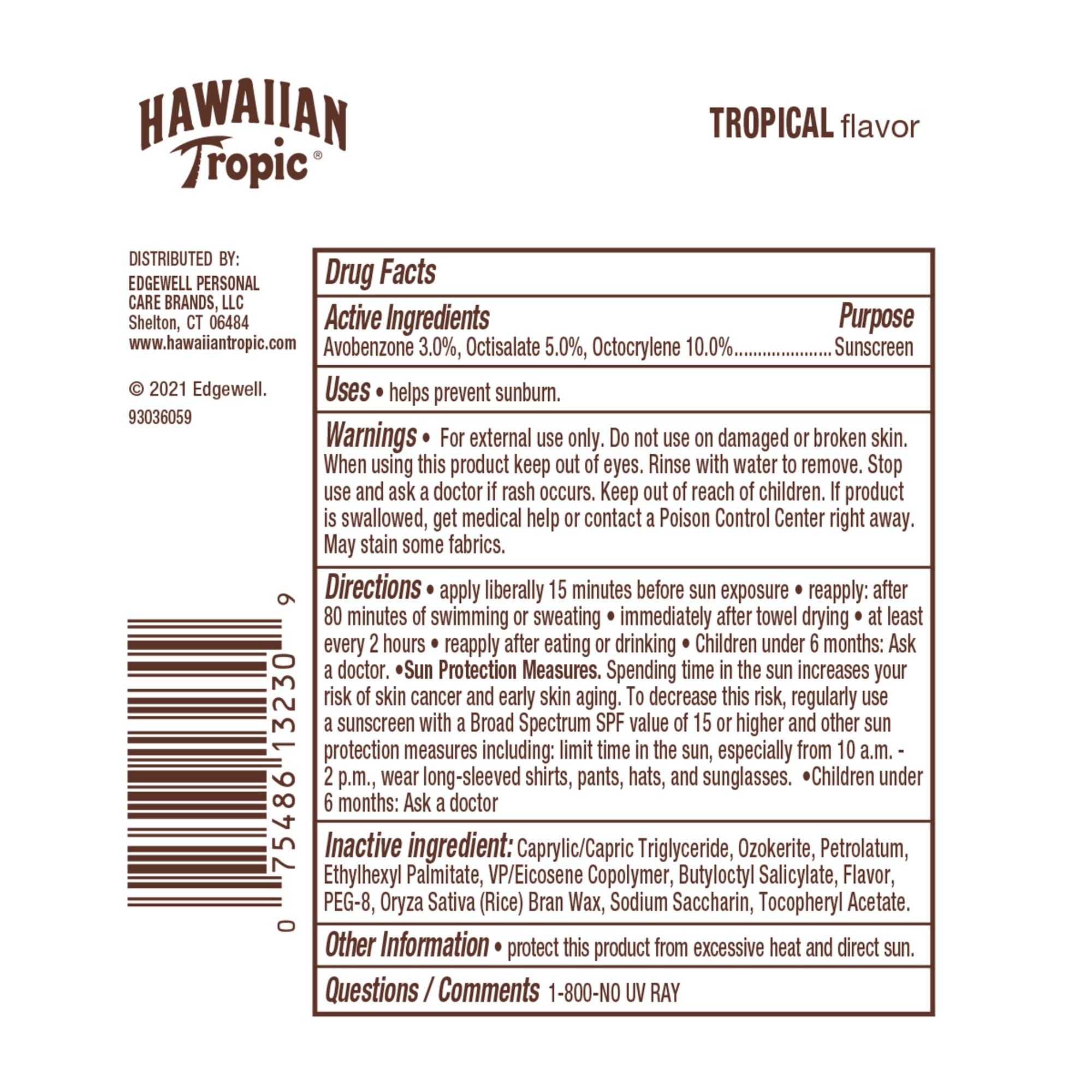 Hawaiian Tropic Tropical Lip Balm SPF 30 travel-pack packaging for on-the-go protection