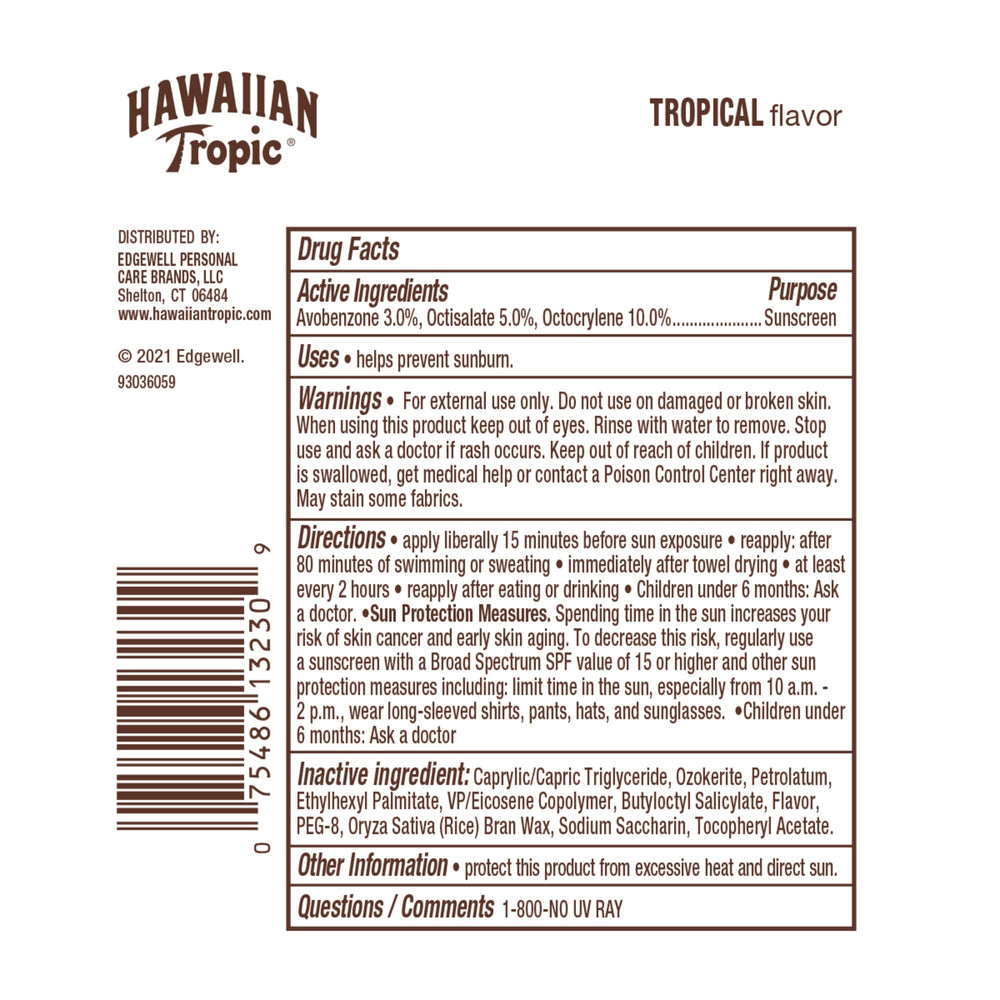 Hawaiian Tropic Tropical Lip Balm SPF 30 travel-pack packaging for on-the-go protection