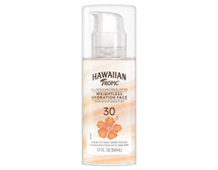 Hawaiian Tropic Weightless Hydration sunscreen bottle provides light SPF 30 protection for daily use.