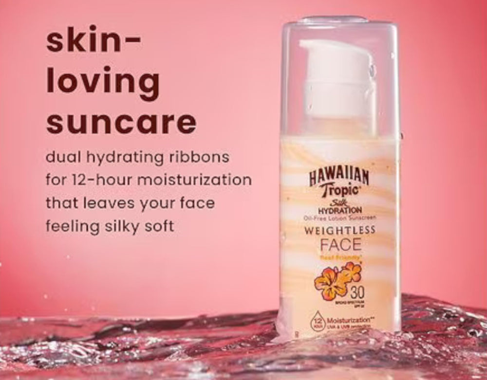 Hawaiian Tropic Weightless Hydration packaging travel size highlights compact on-the-go sun care.
