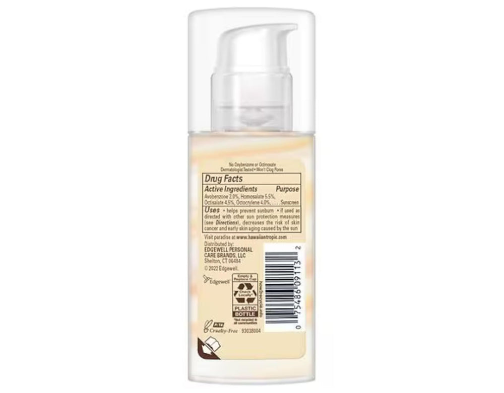 Hawaiian Tropic Weightless Hydration pump close-up shows easy, mess-free application.