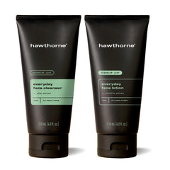 Hawthorne Everyday Skin Care Kit bottle front close-up for daily routine inspiration